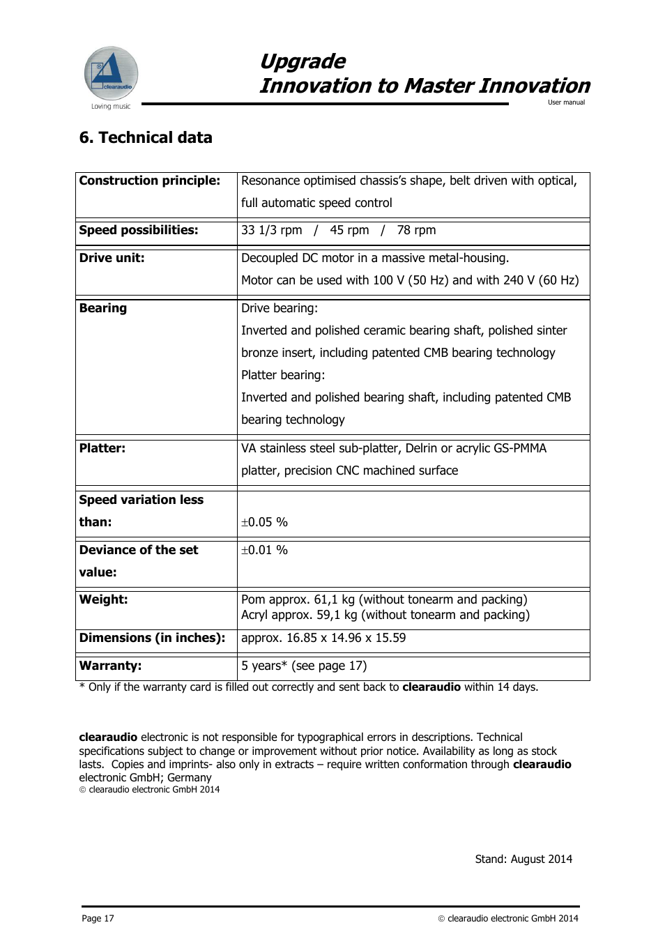Upgrade innovation to master innovation, Technical data | Clearaudio INNOVATION Upgrade to Master User Manual | Page 18 / 19