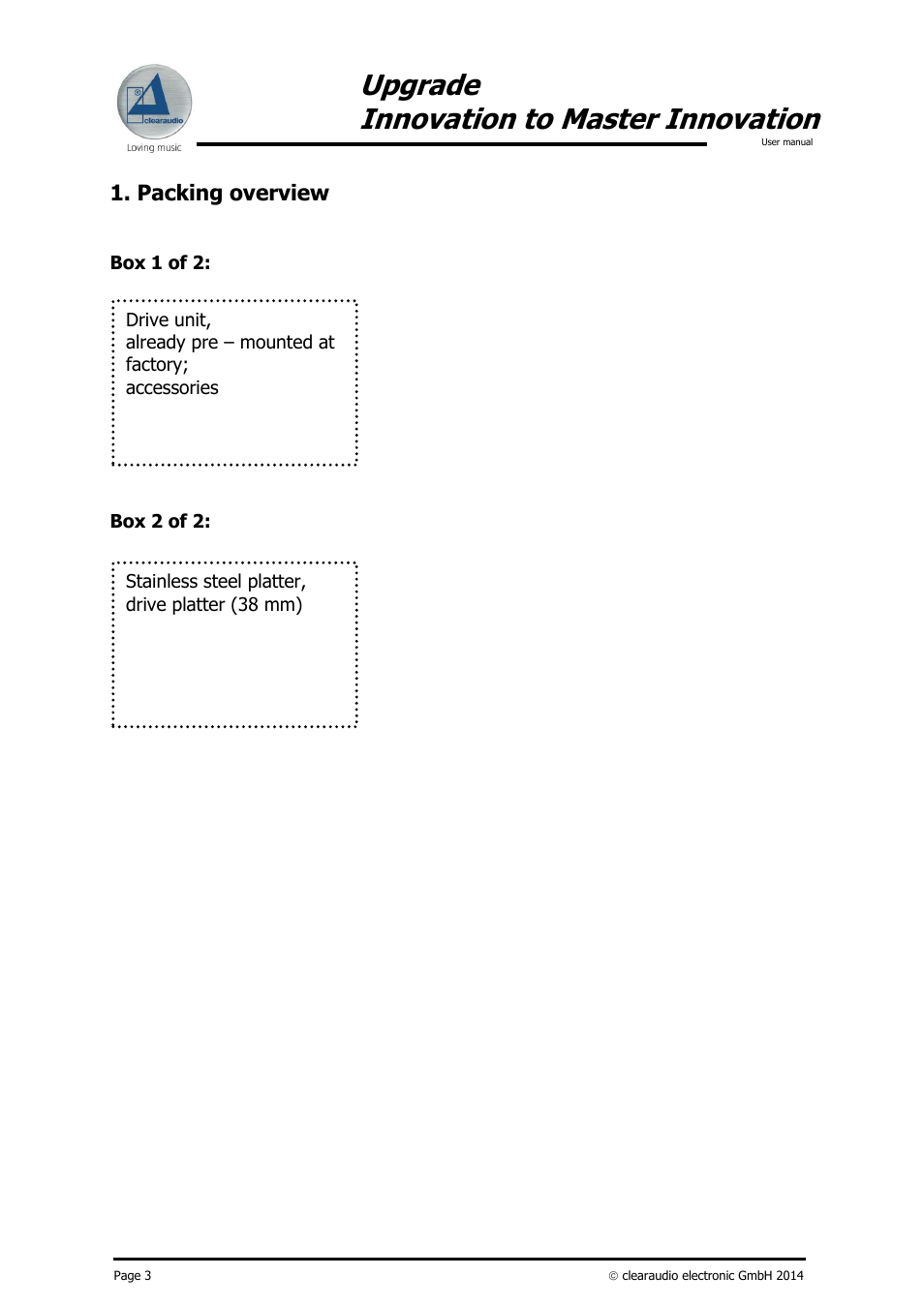 Upgrade innovation to master innovation, Packing overview | Clearaudio INNOVATION Upgrade to Master User Manual | Page 4 / 19