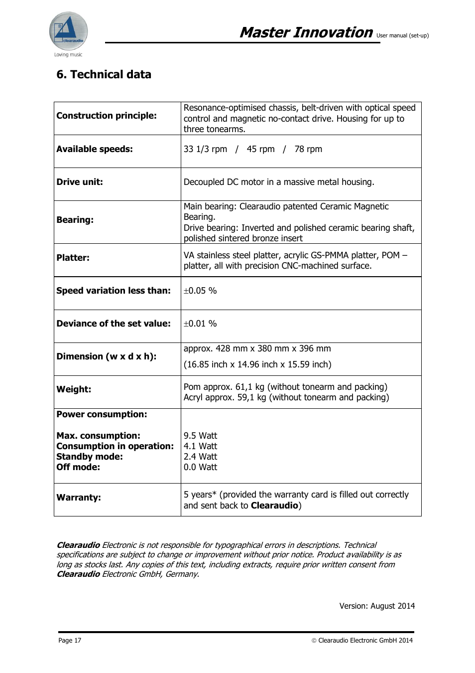 Master innovation, Technical data | Clearaudio MASTER INNOVATION User Manual | Page 17 / 18