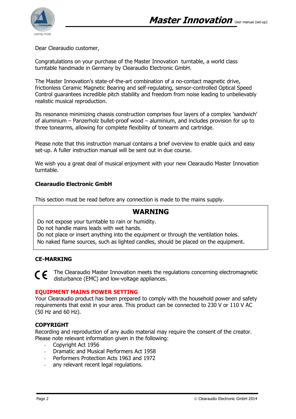 Master innovation, Warning | Clearaudio MASTER INNOVATION User Manual | Page 2 / 18