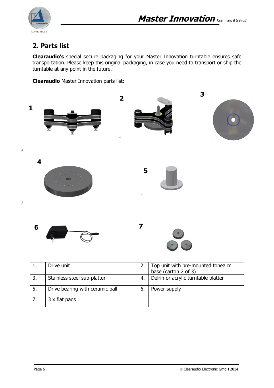 Master innovation, Parts list | Clearaudio MASTER INNOVATION User Manual | Page 5 / 18
