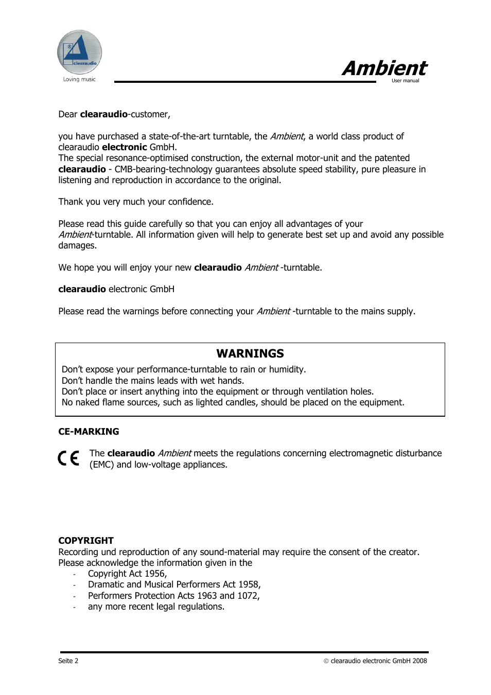 Ambient, Warnings | Clearaudio AMBIENT User Manual | Page 2 / 22