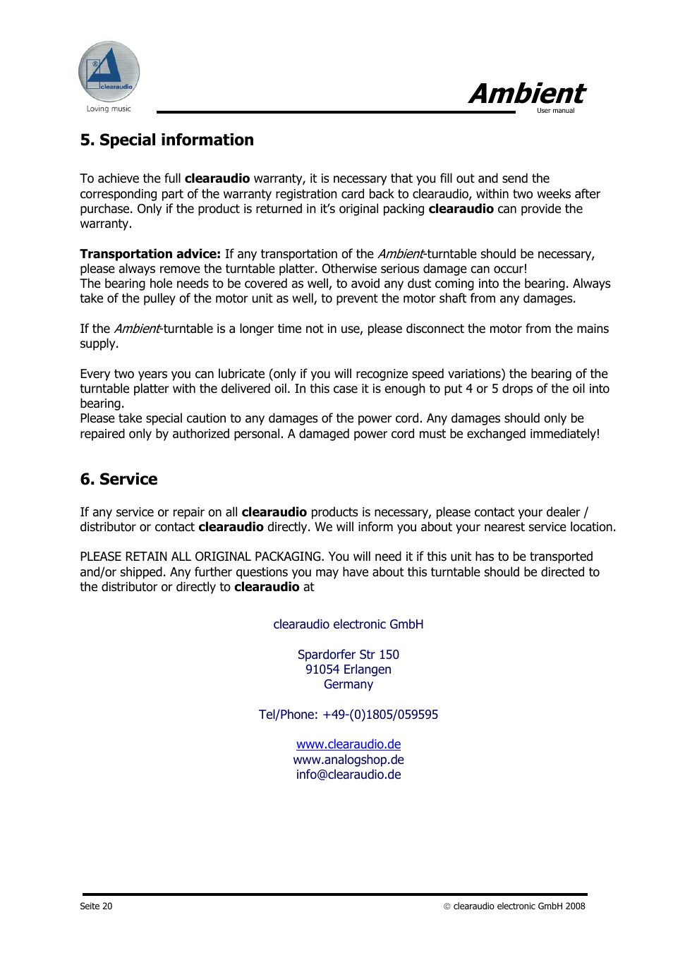 Ambient, Special information, Service | Clearaudio AMBIENT User Manual | Page 20 / 22
