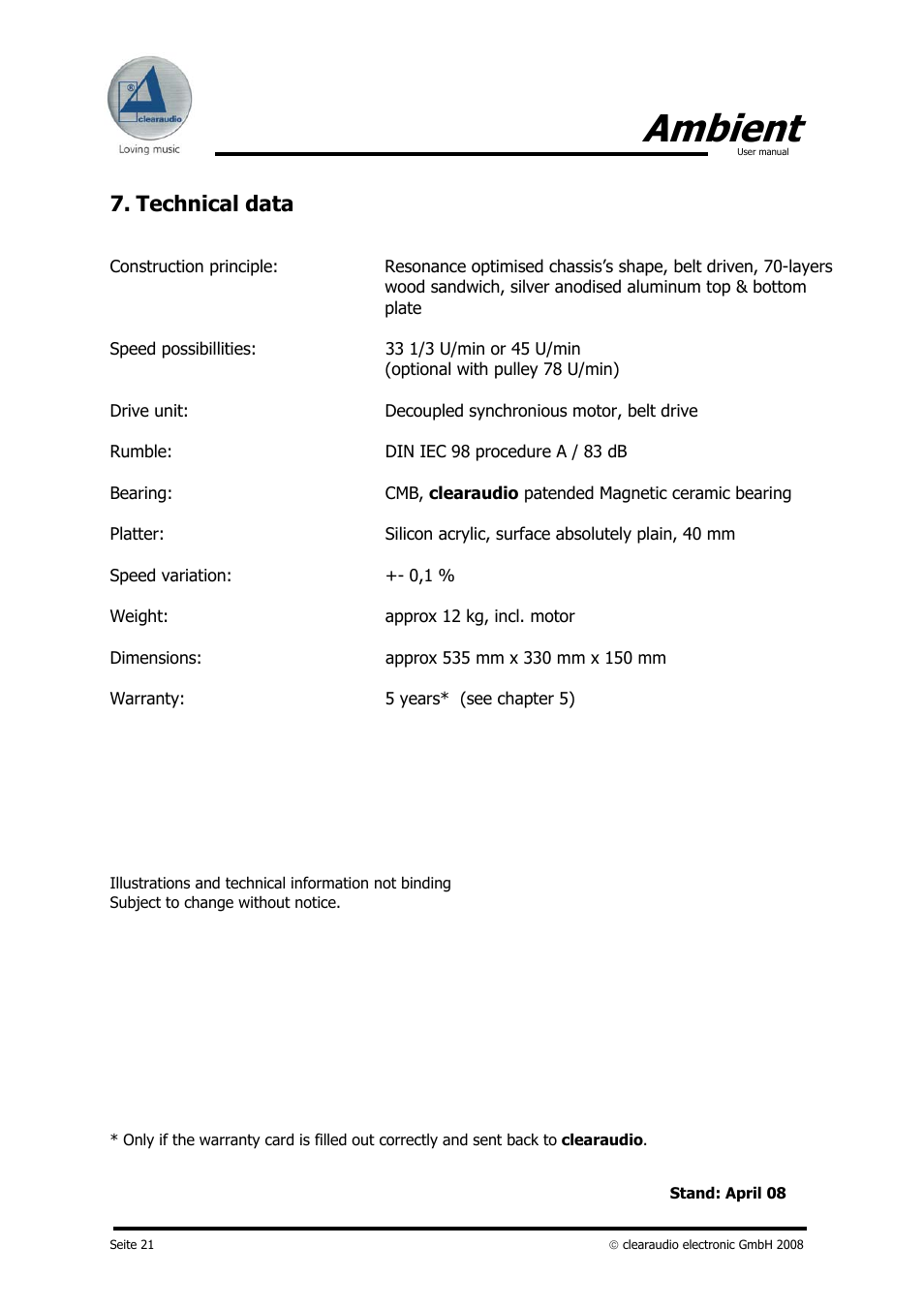 Ambient, Technical data | Clearaudio AMBIENT User Manual | Page 21 / 22