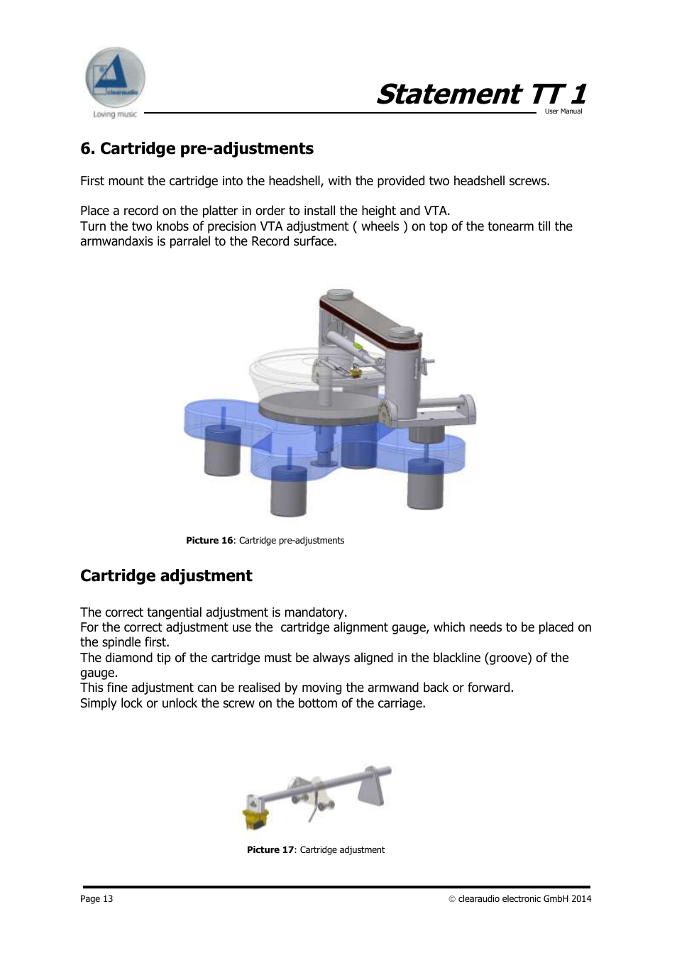 Statement tt 1, Cartridge pre-adjustments, Cartridge adjustment | Clearaudio STATEMENT TT1 (Tangential) User Manual | Page 13 / 17