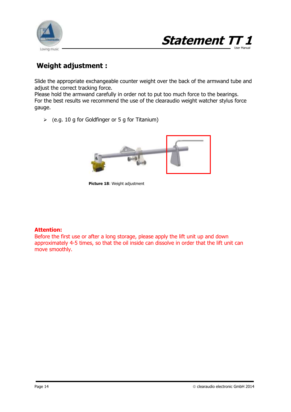 Statement tt 1, Weight adjustment | Clearaudio STATEMENT TT1 (Tangential) User Manual | Page 14 / 17