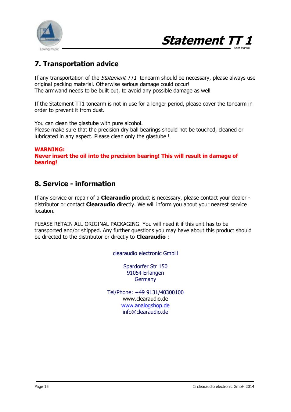 Statement tt 1, Transportation advice, Service - information | Clearaudio STATEMENT TT1 (Tangential) User Manual | Page 15 / 17