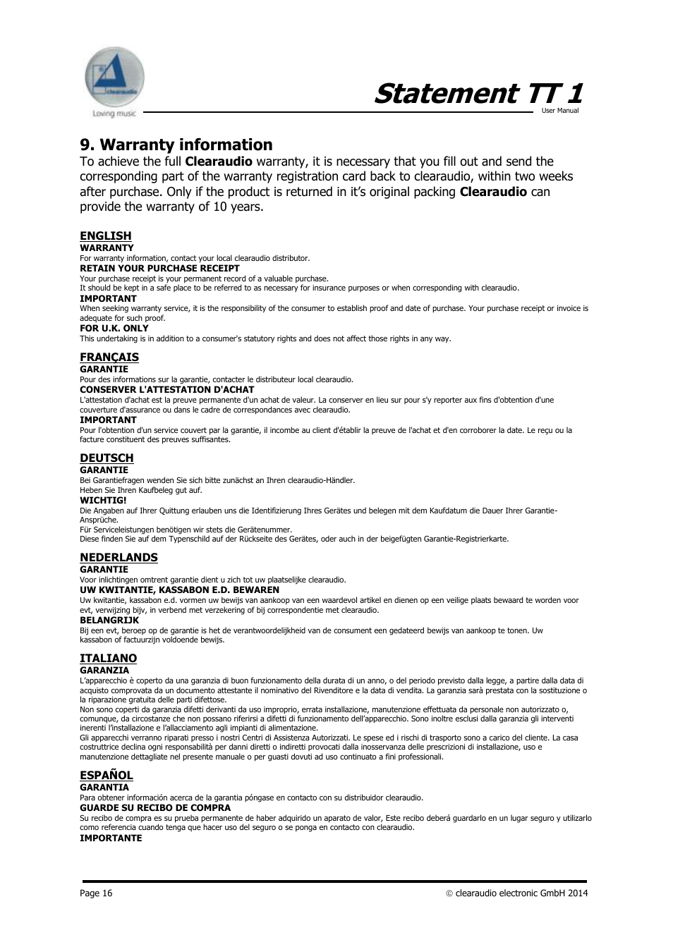 Statement tt 1, Warranty information | Clearaudio STATEMENT TT1 (Tangential) User Manual | Page 16 / 17