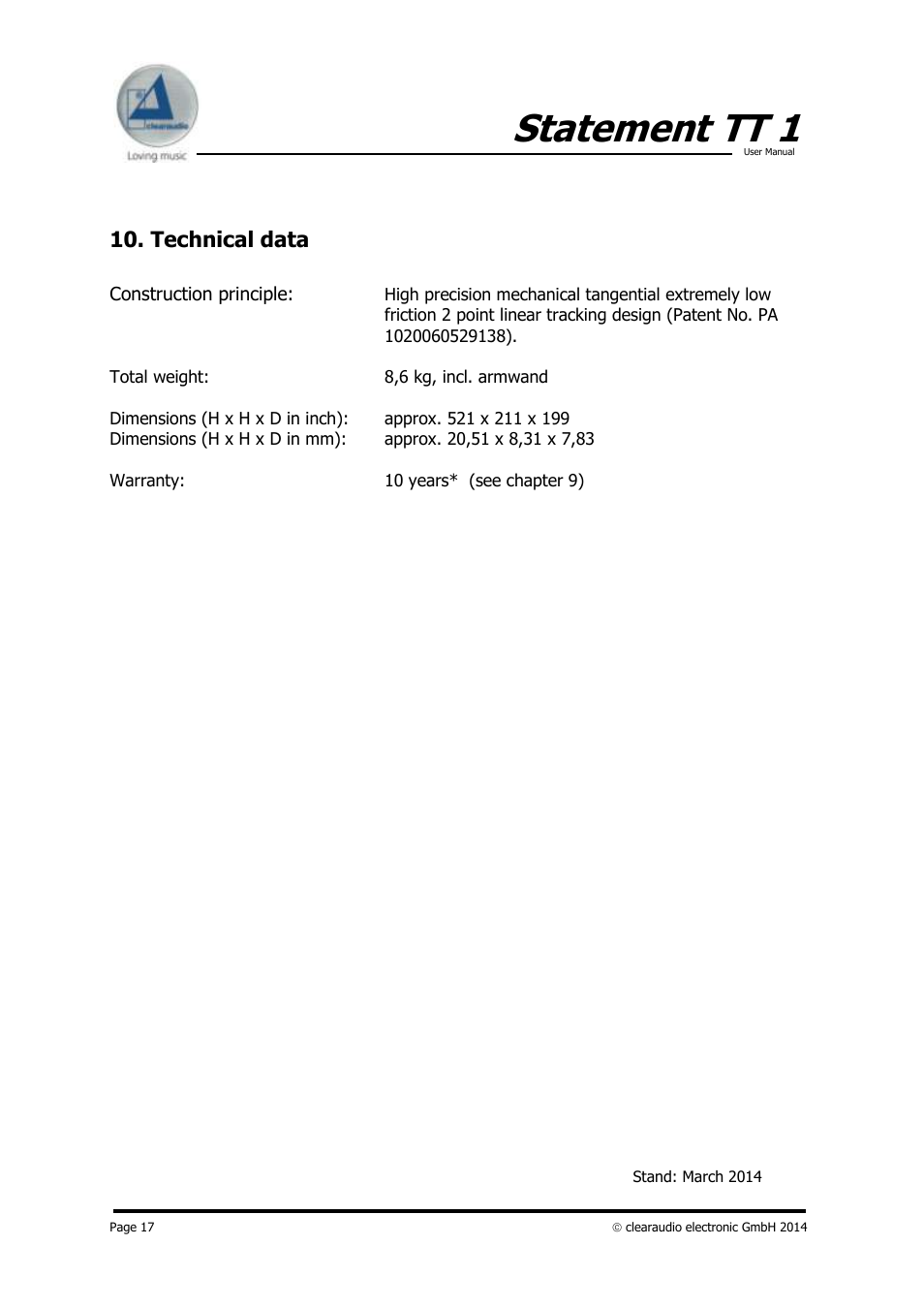 Statement tt 1, Technical data | Clearaudio STATEMENT TT1 (Tangential) User Manual | Page 17 / 17