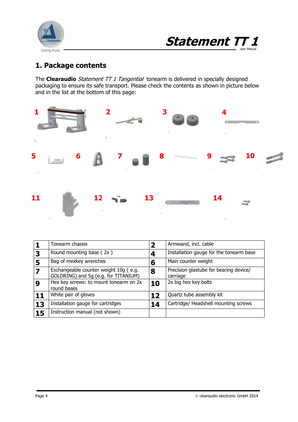 Statement tt 1, Package contents | Clearaudio STATEMENT TT1 (Tangential) User Manual | Page 4 / 17