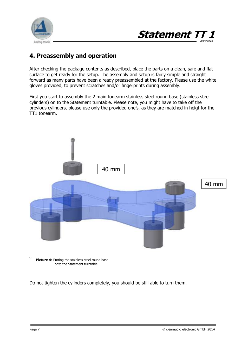 Statement tt 1, Preassembly and operation, 40 mm | Clearaudio STATEMENT TT1 (Tangential) User Manual | Page 7 / 17