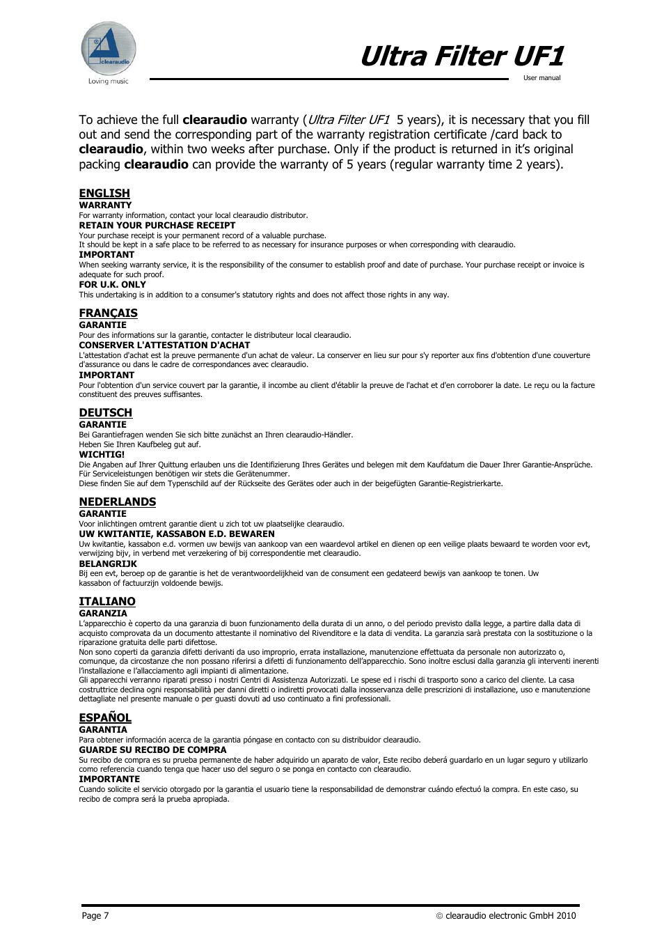 Ultra filter uf1, English, Français | Deutsch, Nederlands, Italiano, Español | Clearaudio UF1 (ULTRA FILTER) User Manual | Page 7 / 7