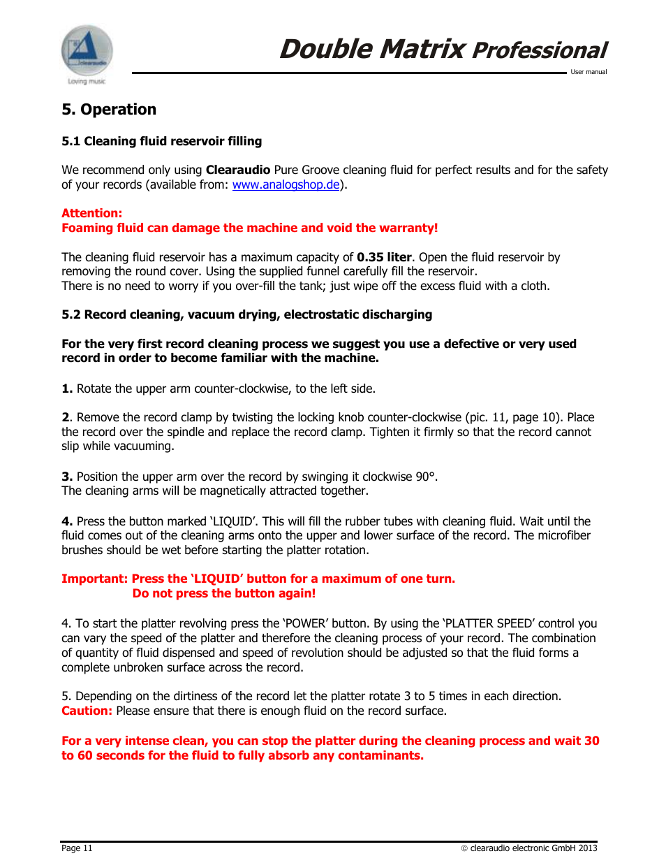 Double matrix, Professional, Operation | Clearaudio DOUBLE MATRIX PROFESSIONAL User Manual | Page 11 / 17