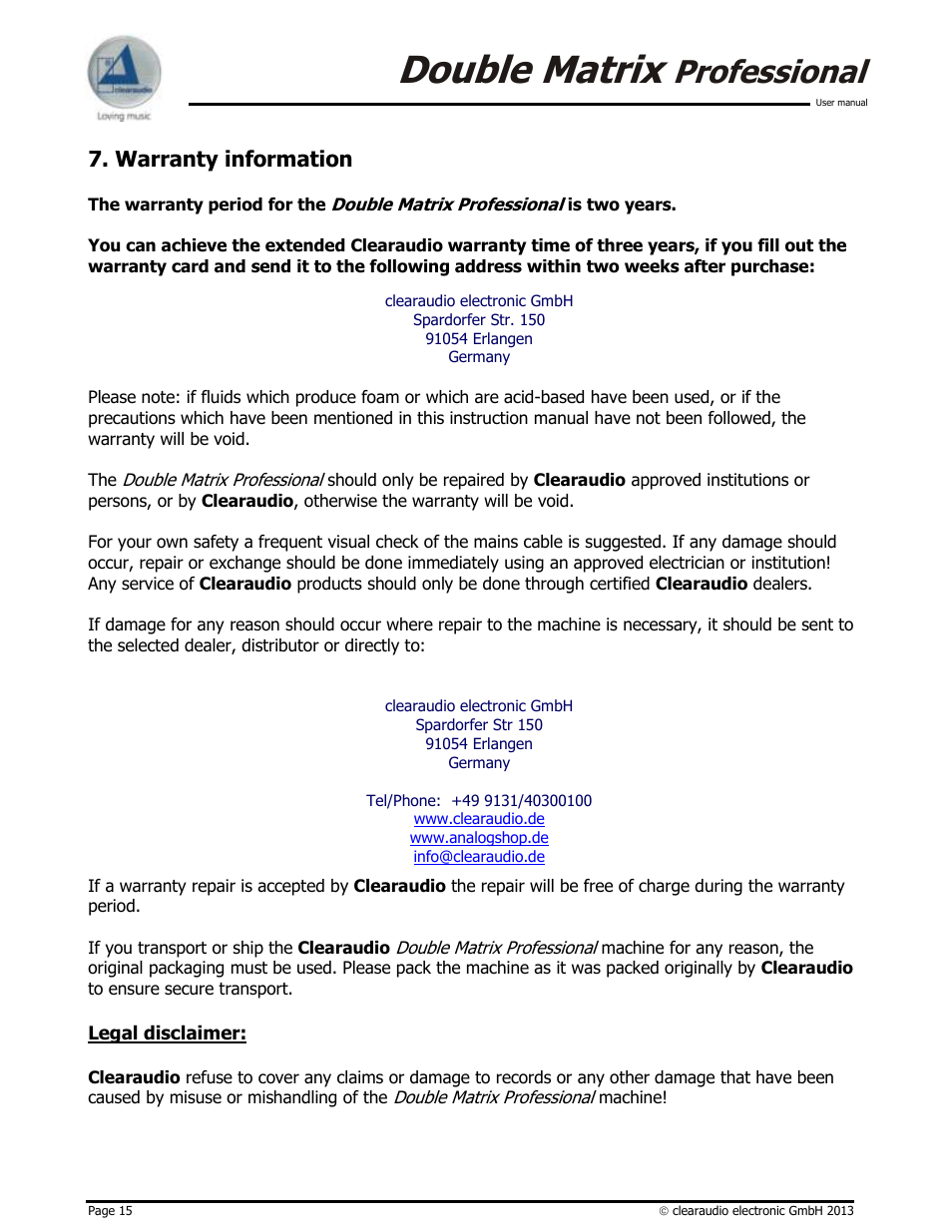 Double matrix, Professional, Warranty information | Clearaudio DOUBLE MATRIX PROFESSIONAL User Manual | Page 15 / 17