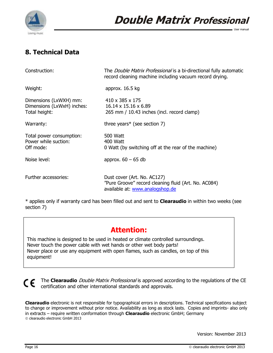 Double matrix, Professional, Attention | Technical data | Clearaudio DOUBLE MATRIX PROFESSIONAL User Manual | Page 16 / 17