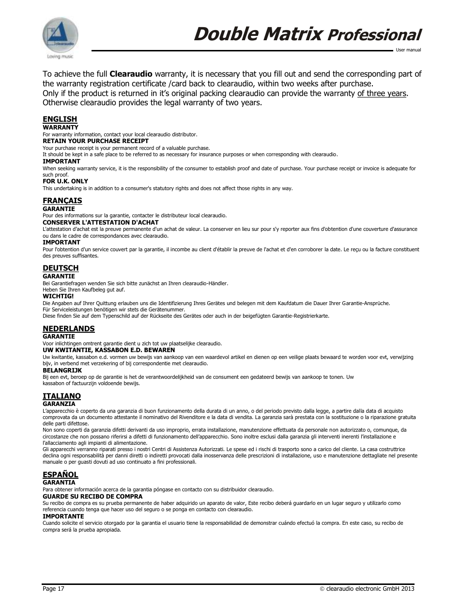 Double matrix, Professional | Clearaudio DOUBLE MATRIX PROFESSIONAL User Manual | Page 17 / 17
