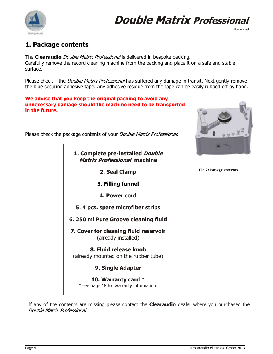 Double matrix, Professional, Package contents | Clearaudio DOUBLE MATRIX PROFESSIONAL User Manual | Page 4 / 17