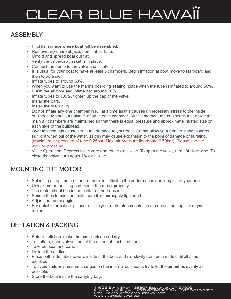 Clear blue hawaii, Assembly, Mounting the motor | Deflation & packing | Clearblue Molokai 5 Passanger User Manual | Page 3 / 5