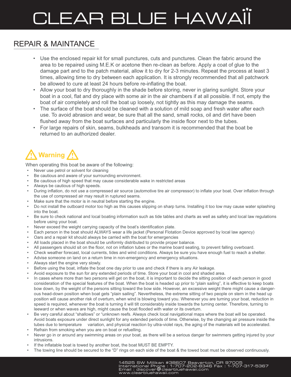 Clear blue hawaii, Repair & maintance | Clearblue Molokai 5 Passanger User Manual | Page 4 / 5