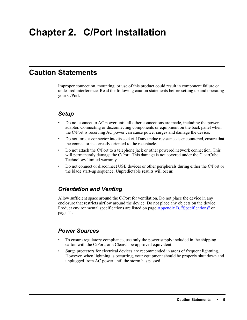 Chapter 2. c/port installation caution statements, Setup orientation and venting power sources, Chapter 2. c/port installation | Caution statements | ClearCube C/Port & MVX User Manual | Page 19 / 60