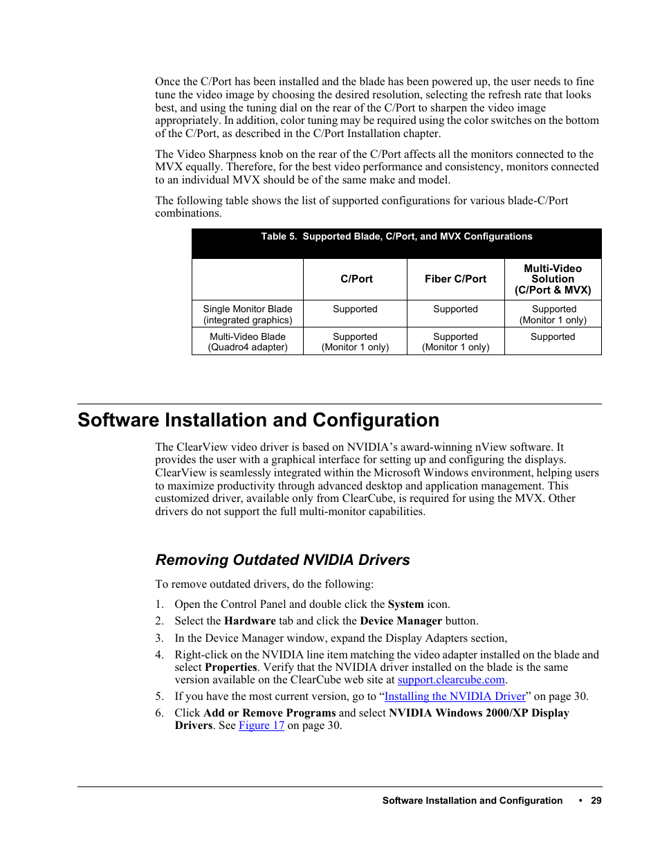 Software installation and configuration, Removing outdated nvidia drivers, Ed, see | Software installation and, Configuration, Install software | ClearCube C/Port & MVX User Manual | Page 39 / 60