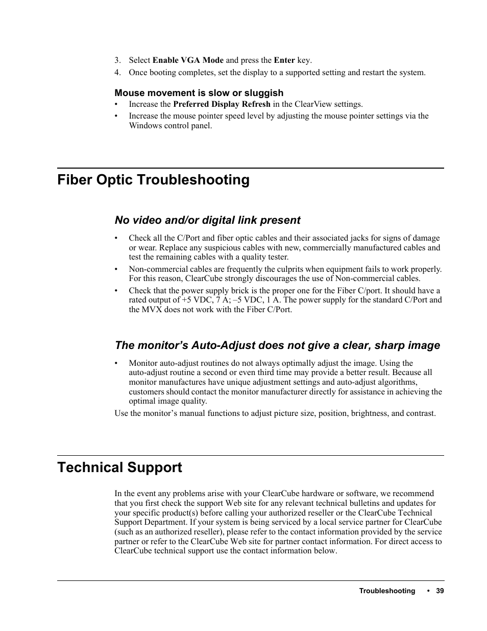 Fiber optic troubleshooting, Technical support | ClearCube C/Port & MVX User Manual | Page 49 / 60