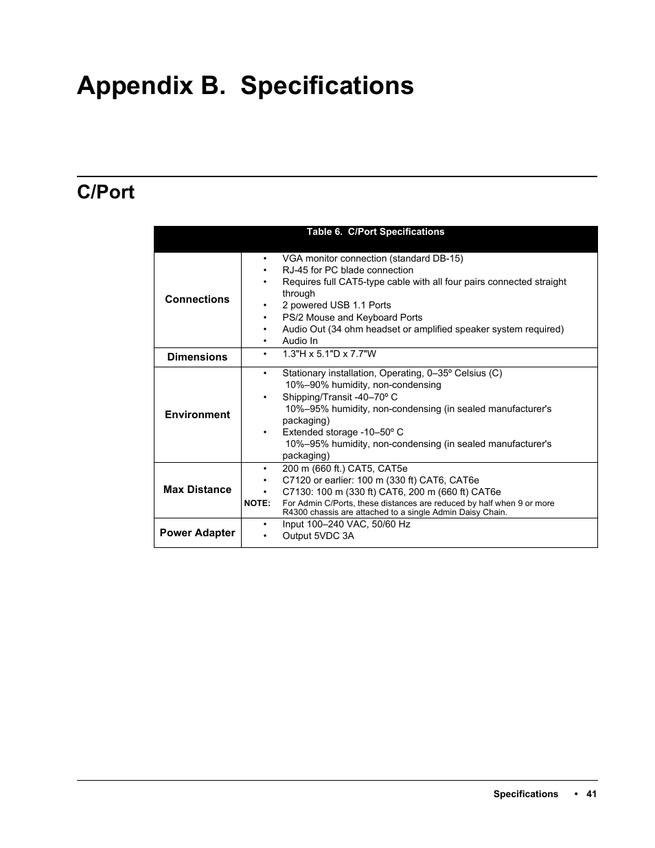 Appendix b. specifications c/port, Appendix b. "specifications, Appendix b. specifications | C/port | ClearCube C/Port & MVX User Manual | Page 51 / 60