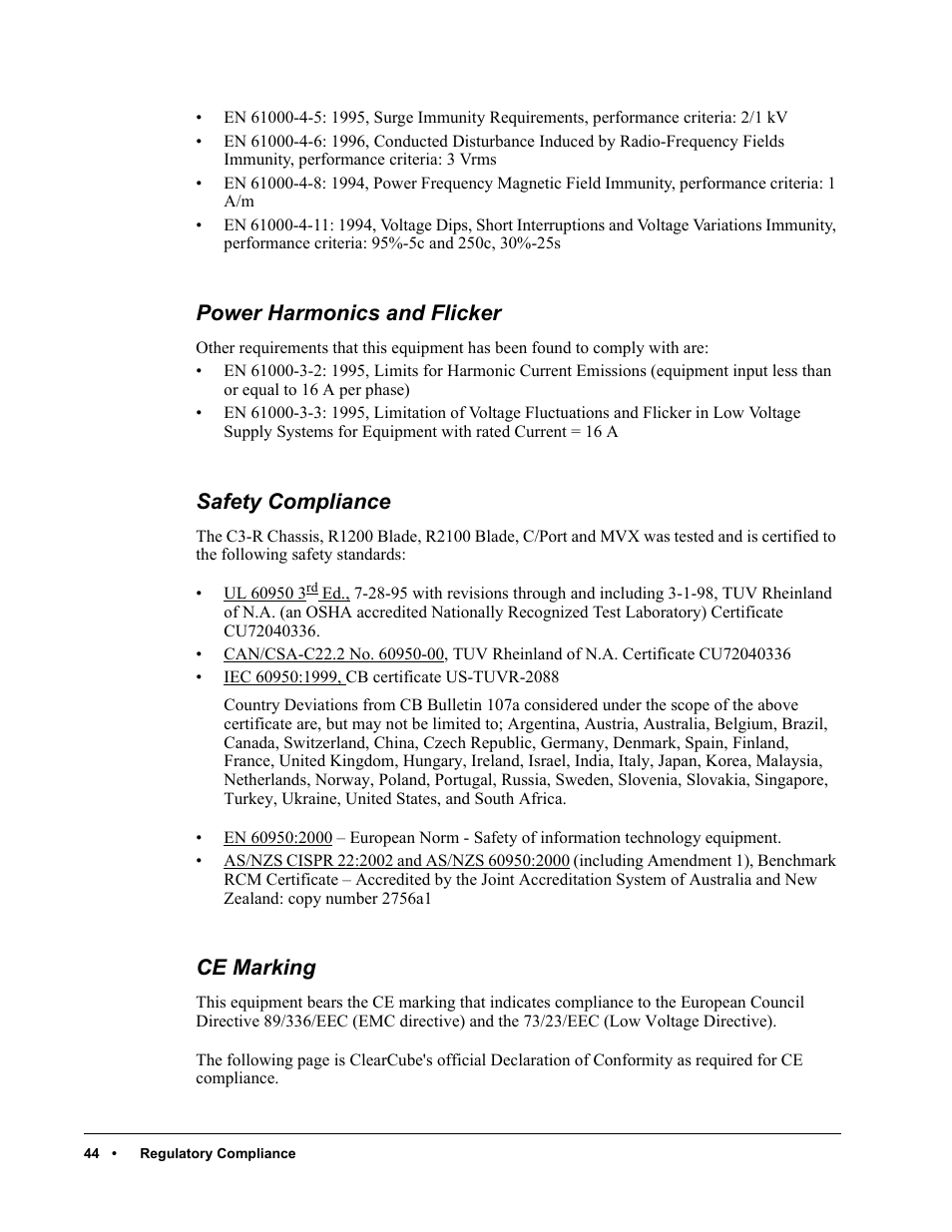 Power harmonics and flicker, Safety compliance, Ce marking | ClearCube C/Port & MVX User Manual | Page 54 / 60