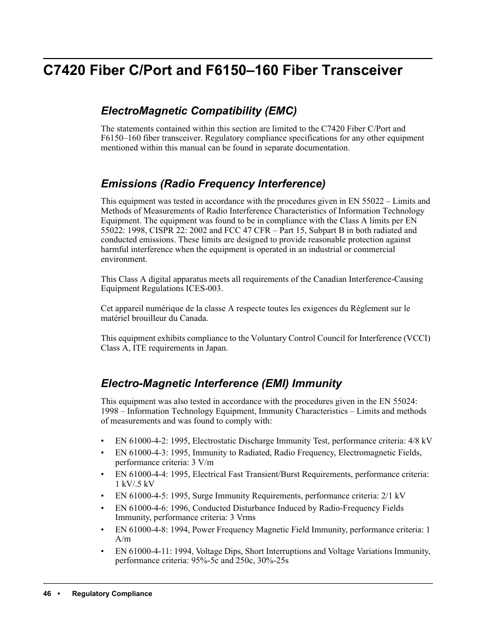 C7420 fiber c/port and f6150–160 fiber transceiver, Electromagnetic compatibility (emc), Emissions (radio frequency interference) | Electro-magnetic interference (emi) immunity | ClearCube C/Port & MVX User Manual | Page 56 / 60