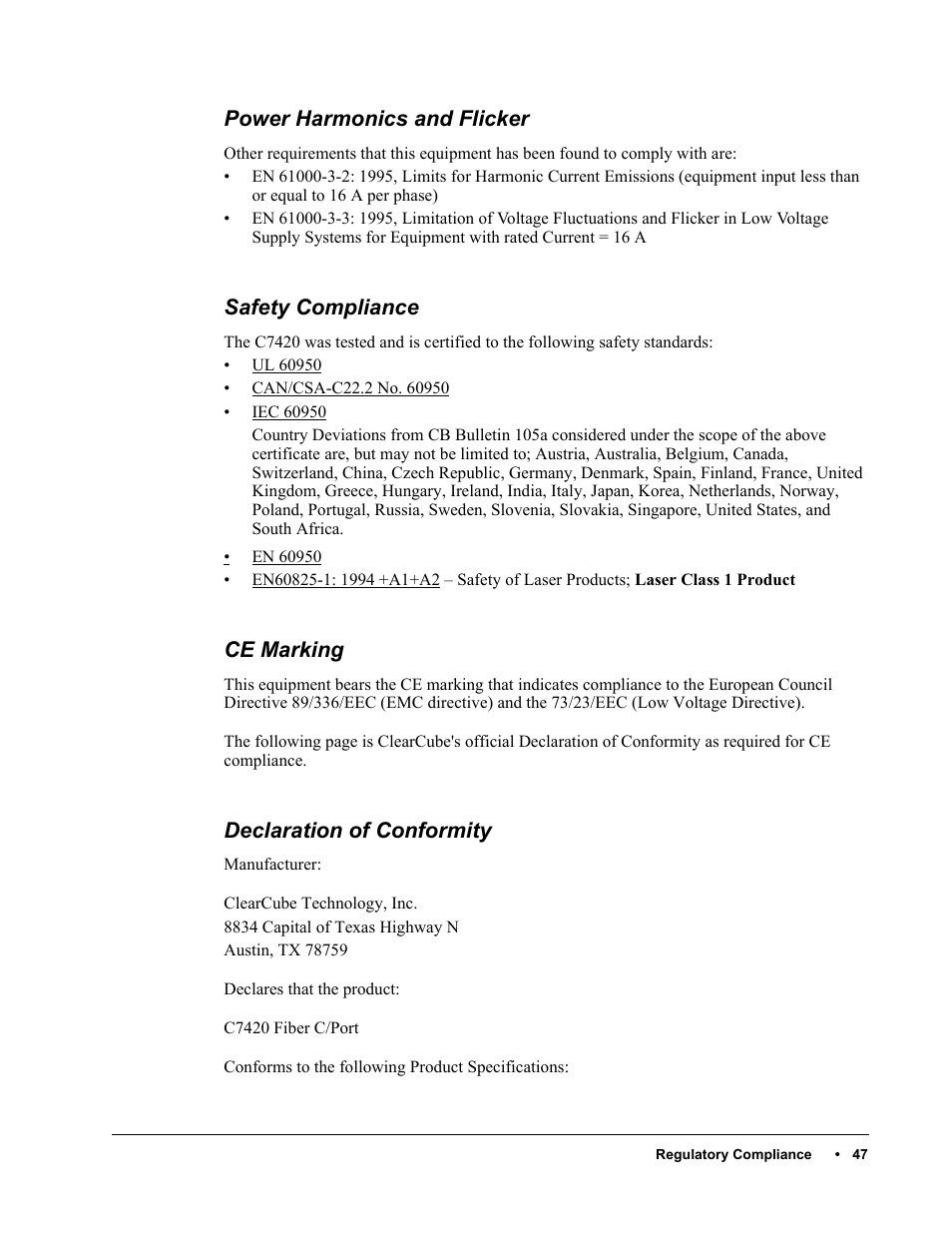 Power harmonics and flicker, Safety compliance, Ce marking | Declaration of conformity | ClearCube C/Port & MVX User Manual | Page 57 / 60