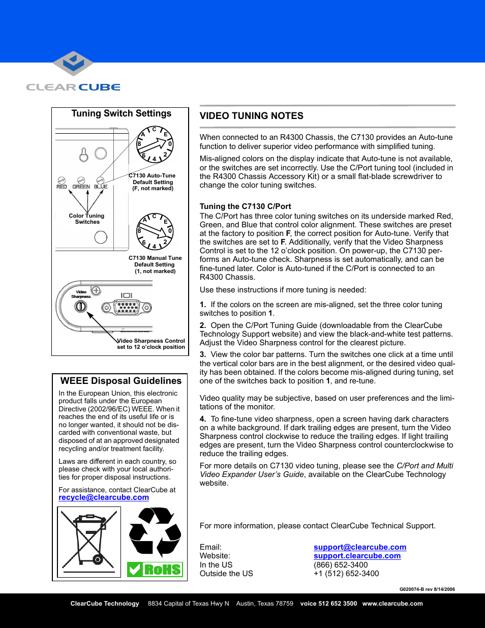 Rohs, Weee disposal guidelines, Tuning switch settings | ClearCube C7130 User Manual | Page 2 / 2