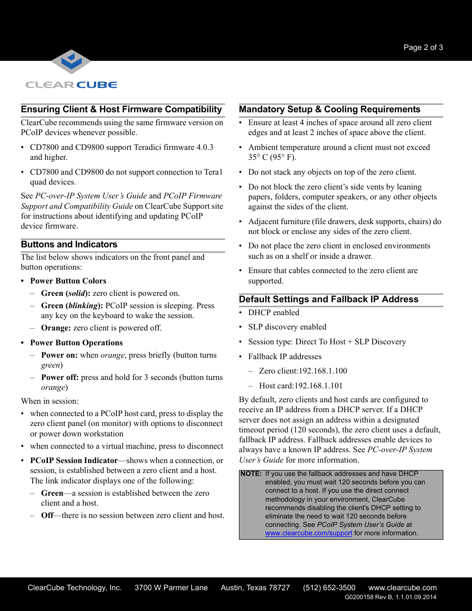 Ensuring client & host firmware compatibility, Buttons and indicators, Mandatory setup & cooling requirements | Default settings and fallback ip address | ClearCube CD9822 Cloud User Manual | Page 2 / 3