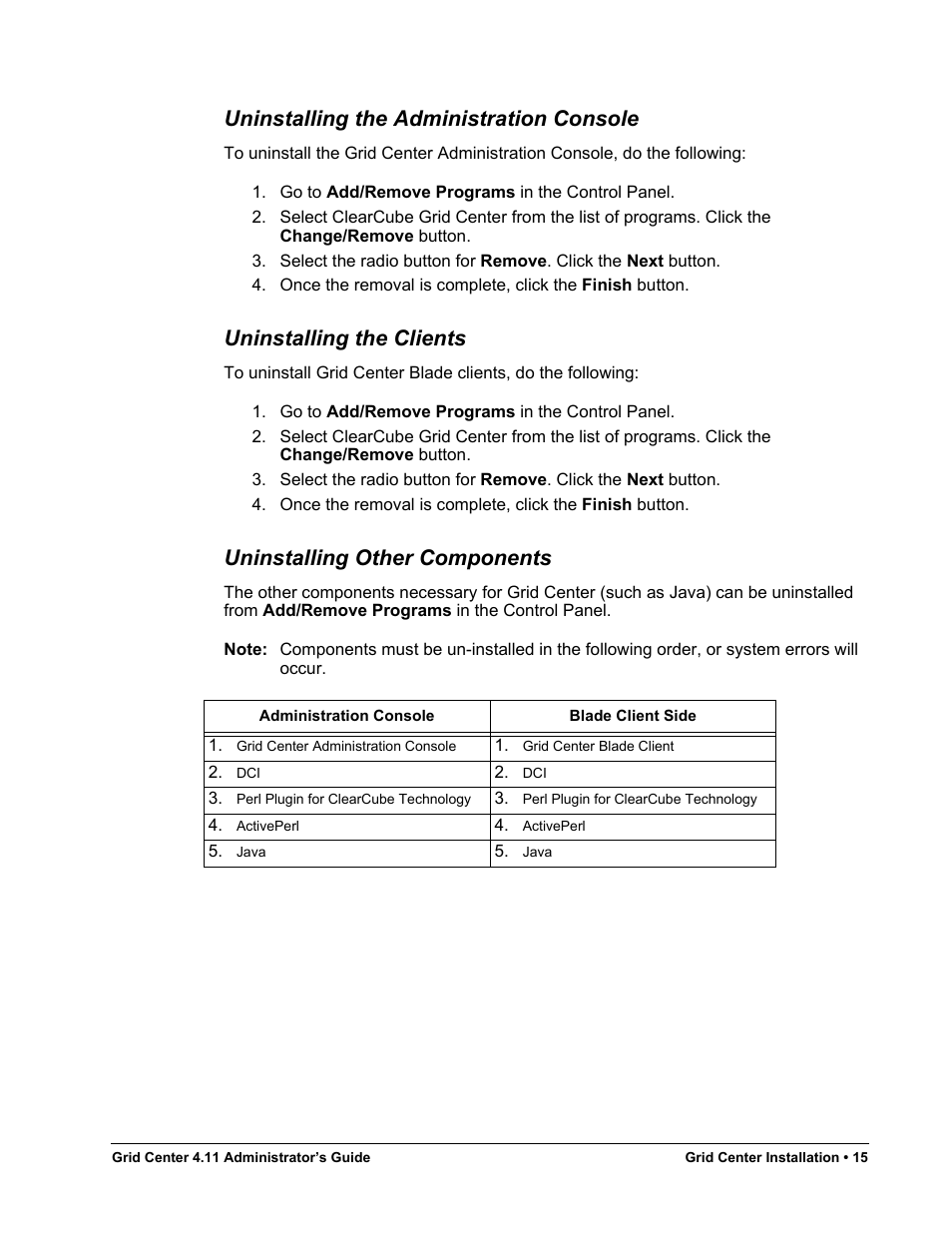 Uninstalling the administration console, Uninstalling the clients, Uninstalling other components | ClearCube Grid Center Admin Guide 4.11 User Manual | Page 21 / 78