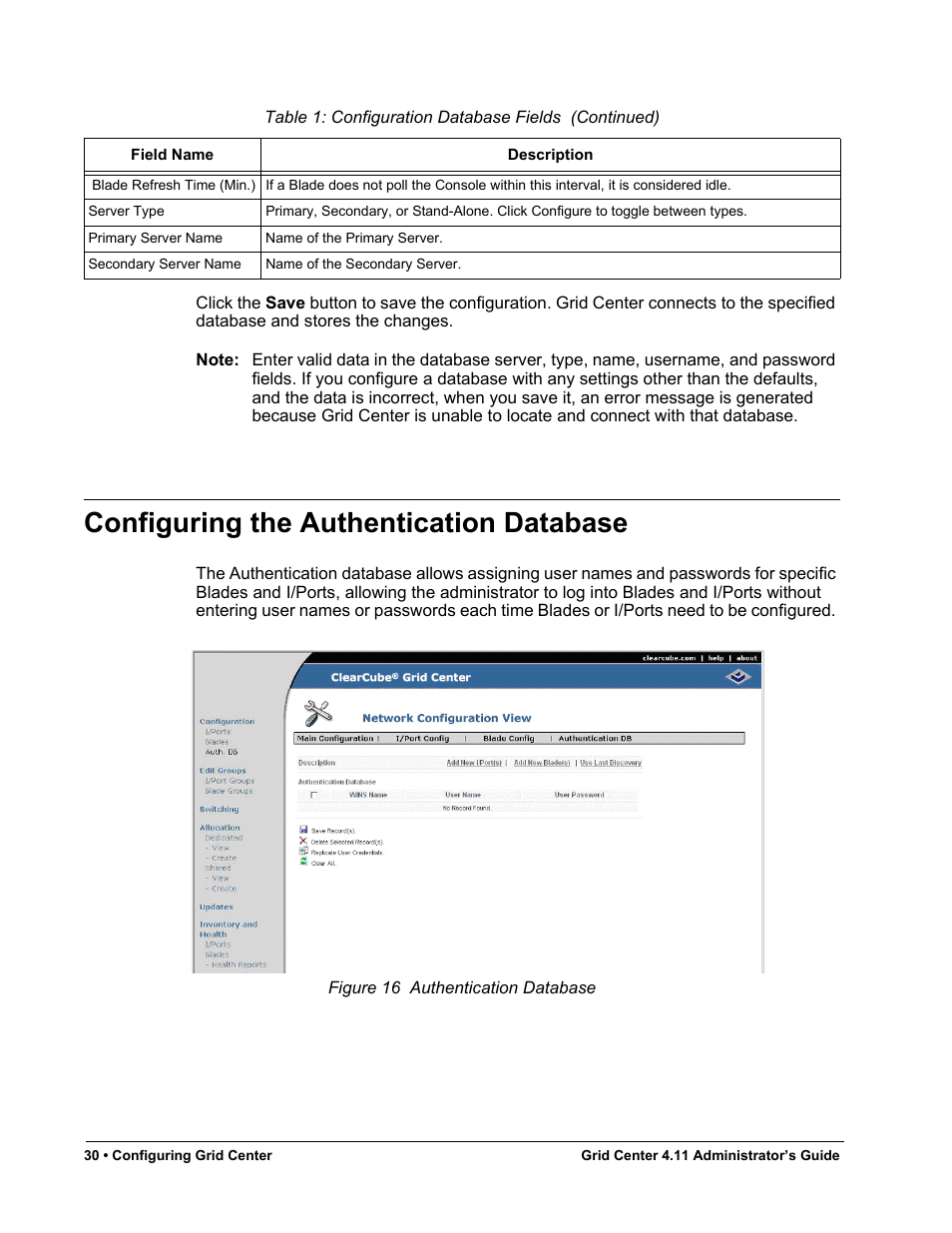 Configuring the authentication database, Figure 16, Authentication database | ClearCube Grid Center Admin Guide 4.11 User Manual | Page 36 / 78