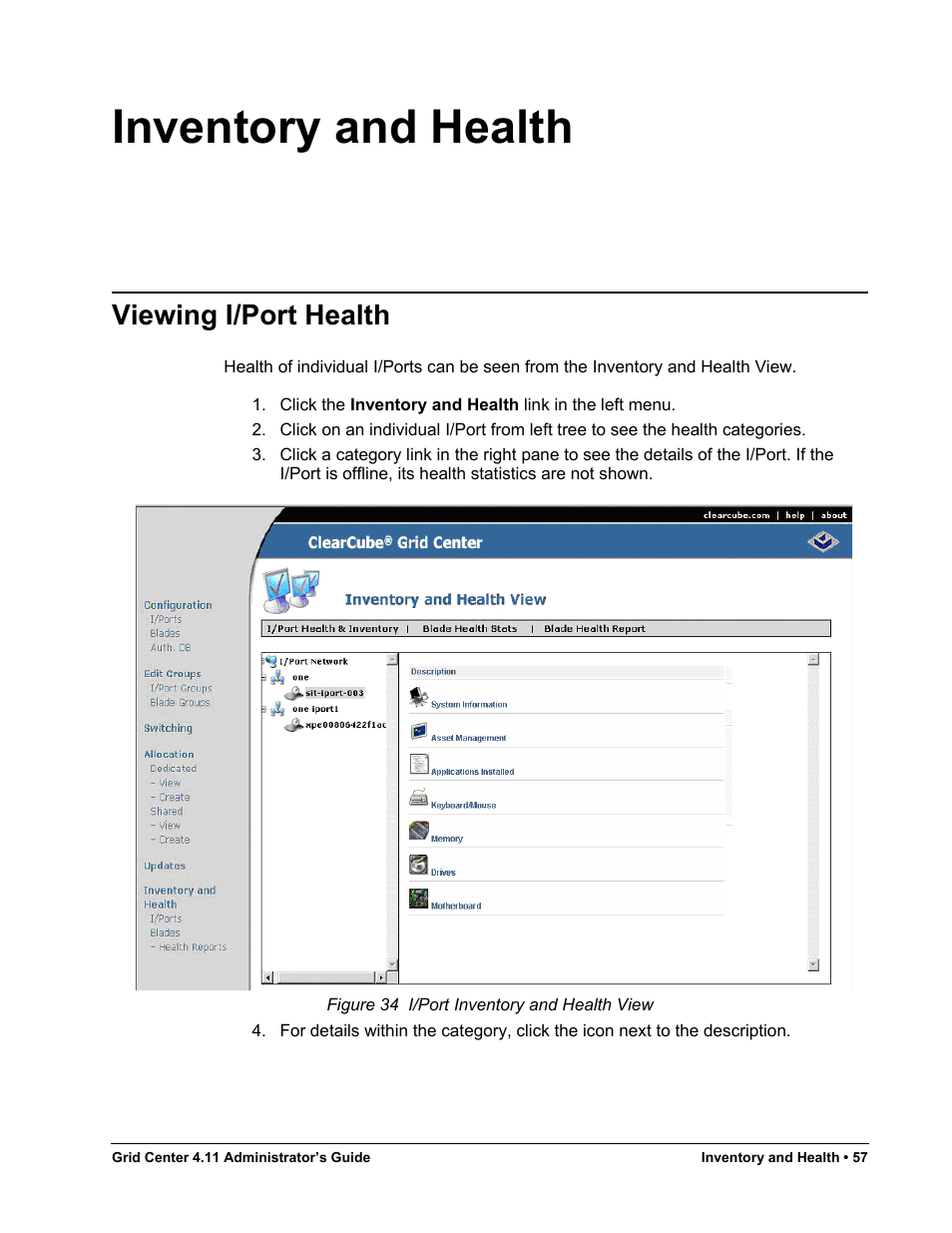 Inventory and health, Viewing i/port health, Figure 34 | I/port inventory and health view | ClearCube Grid Center Admin Guide 4.11 User Manual | Page 63 / 78