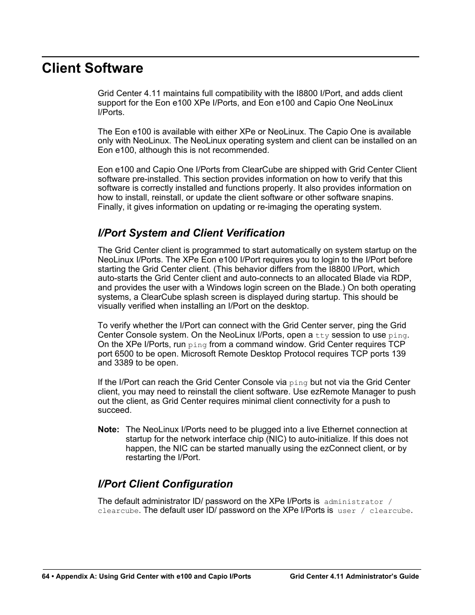 Client software, I/port system and client verification, I/port client configuration | ClearCube Grid Center Admin Guide 4.11 User Manual | Page 70 / 78