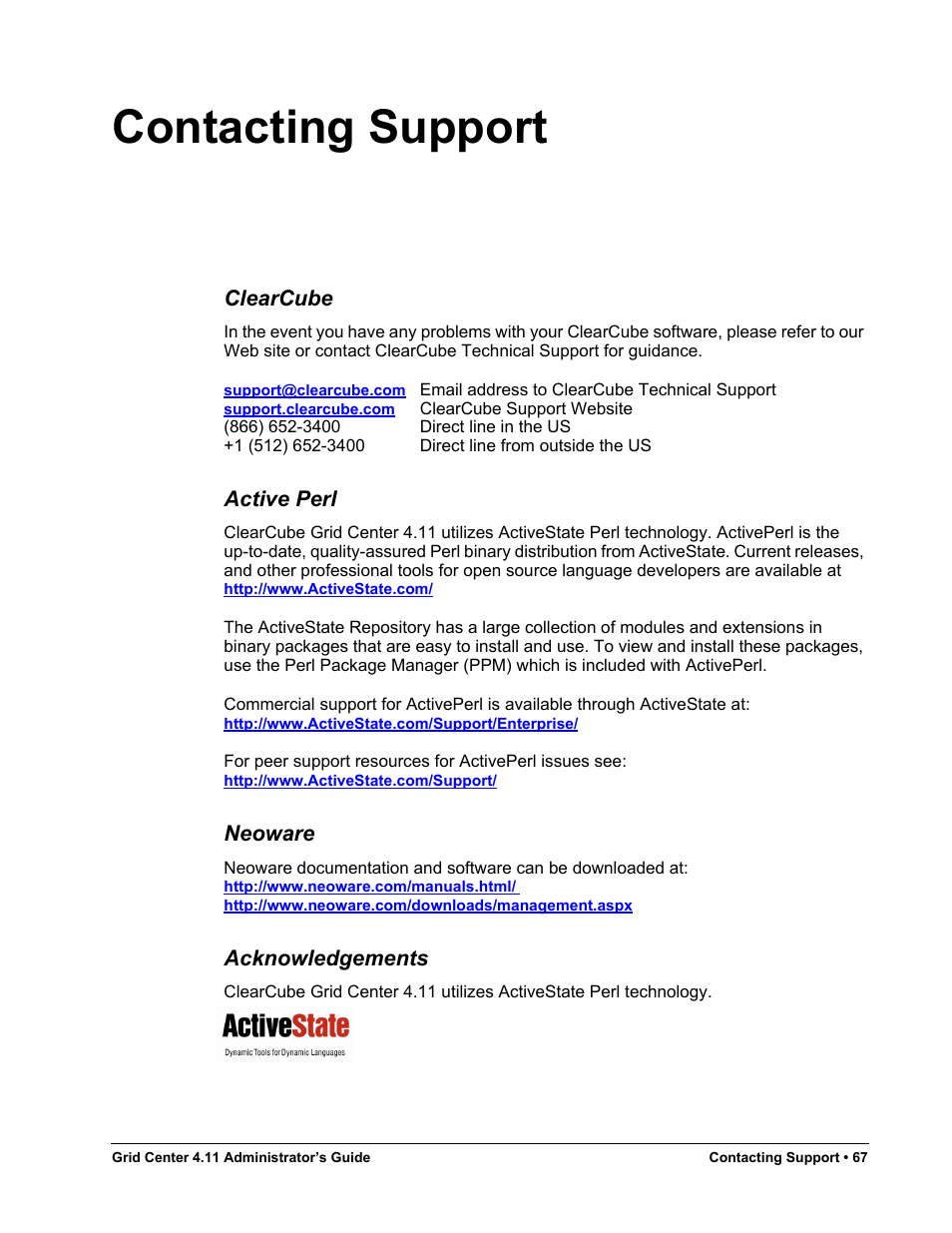 Contacting support, Clearcube, Active perl | Neoware, Acknowledgements, Port (see contacting support, Ge 67) | ClearCube Grid Center Admin Guide 4.11 User Manual | Page 73 / 78