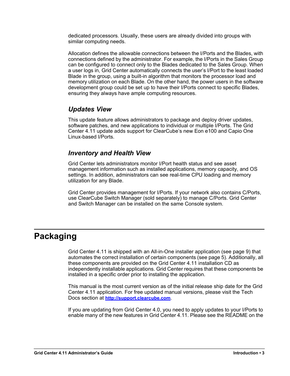 Updates view, Inventory and health view, Packaging | ClearCube Grid Center Admin Guide 4.11 User Manual | Page 9 / 78