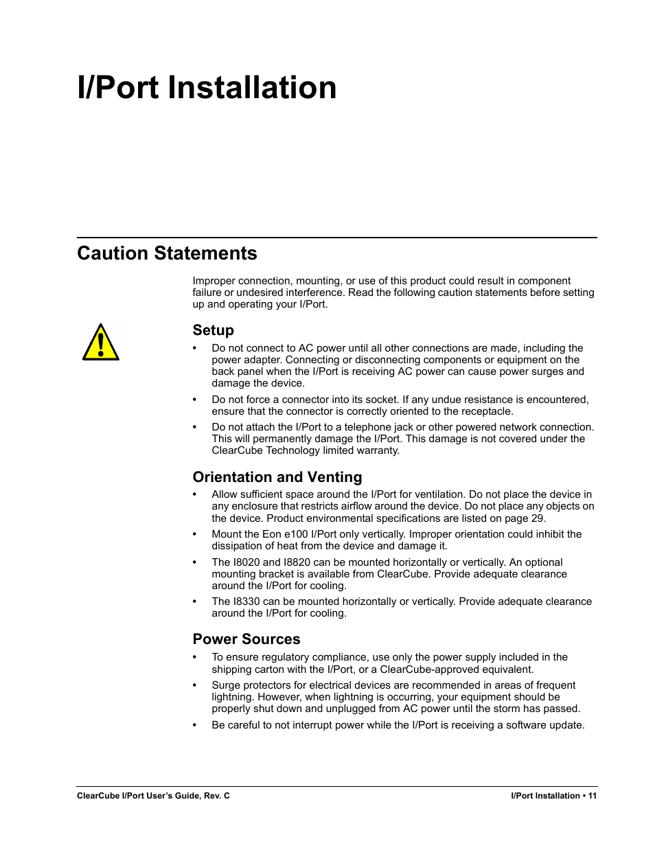 I/port installation, Caution statements, Setup | Orientation and venting, Power sources | ClearCube I/Port Quick Reference Guide User Manual | Page 15 / 38