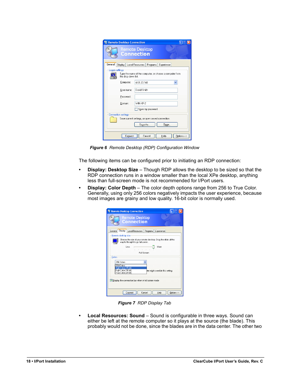 Figure 6, Remote desktop (rdp) configuration window, Figure 7 | Rdp display tab | ClearCube I/Port Quick Reference Guide User Manual | Page 22 / 38