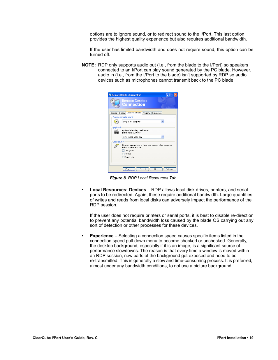 Figure 8, Rdp local resources tab | ClearCube I/Port Quick Reference Guide User Manual | Page 23 / 38