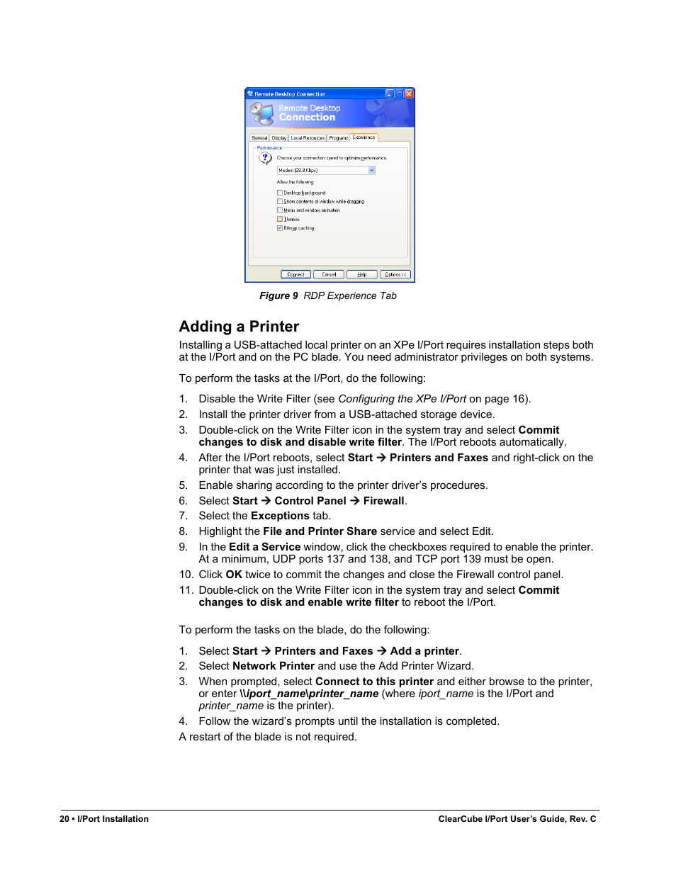 Adding a printer, Figure 9, Rdp experience tab | ClearCube I/Port Quick Reference Guide User Manual | Page 24 / 38