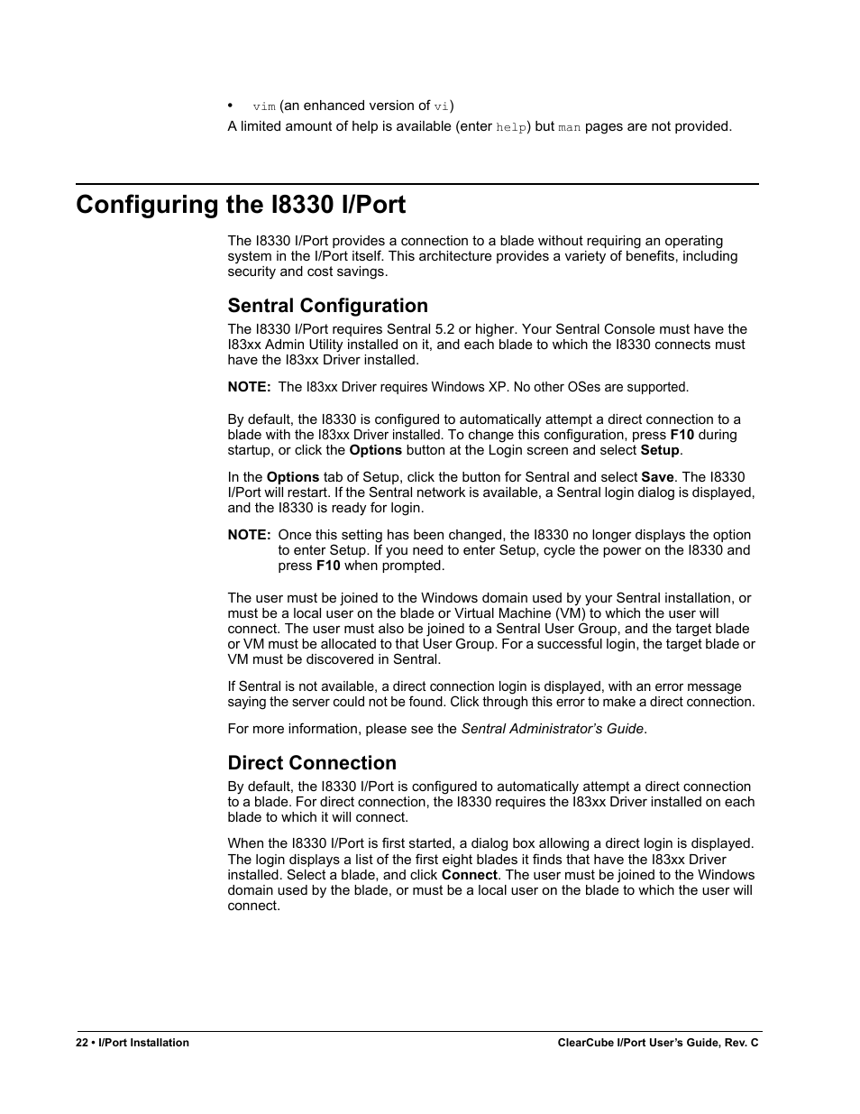 Configuring the i8330 i/port, Sentral configuration, Direct connection | ClearCube I/Port Quick Reference Guide User Manual | Page 26 / 38