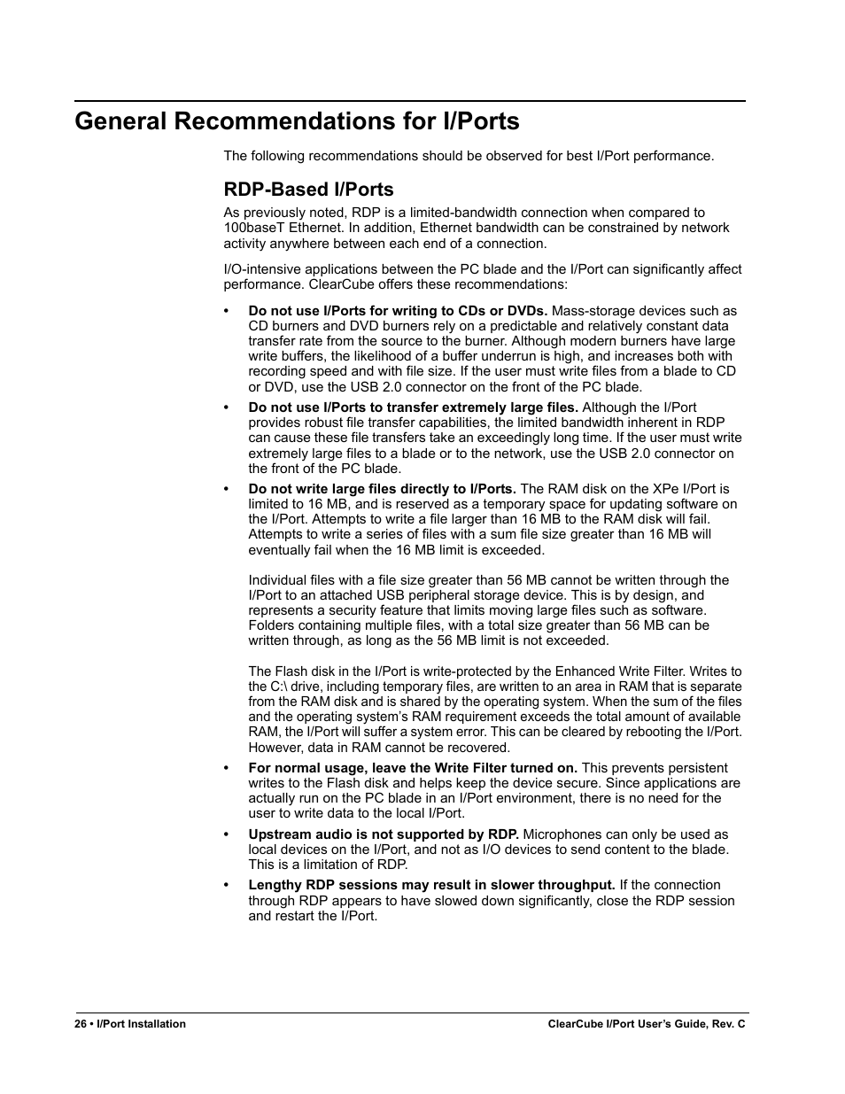 General recommendations for i/ports, Rdp-based i/ports | ClearCube I/Port Quick Reference Guide User Manual | Page 30 / 38
