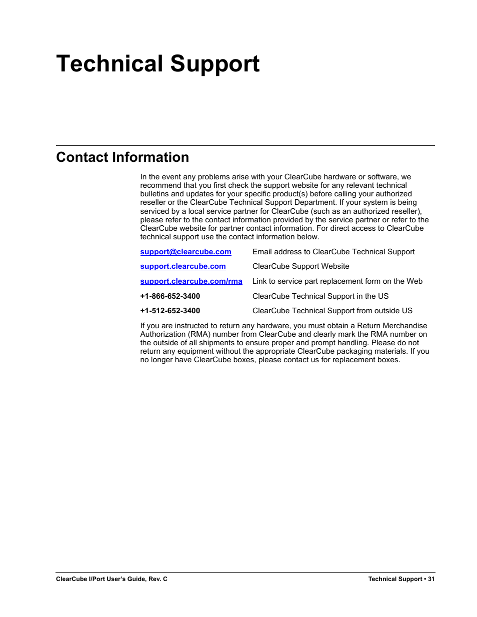 Technical support, Contact information | ClearCube I/Port Quick Reference Guide User Manual | Page 35 / 38