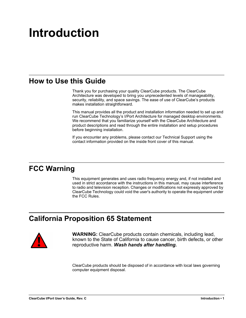 Introduction, How to use this guide, Fcc warning | California proposition 65 statement | ClearCube I/Port Quick Reference Guide User Manual | Page 5 / 38