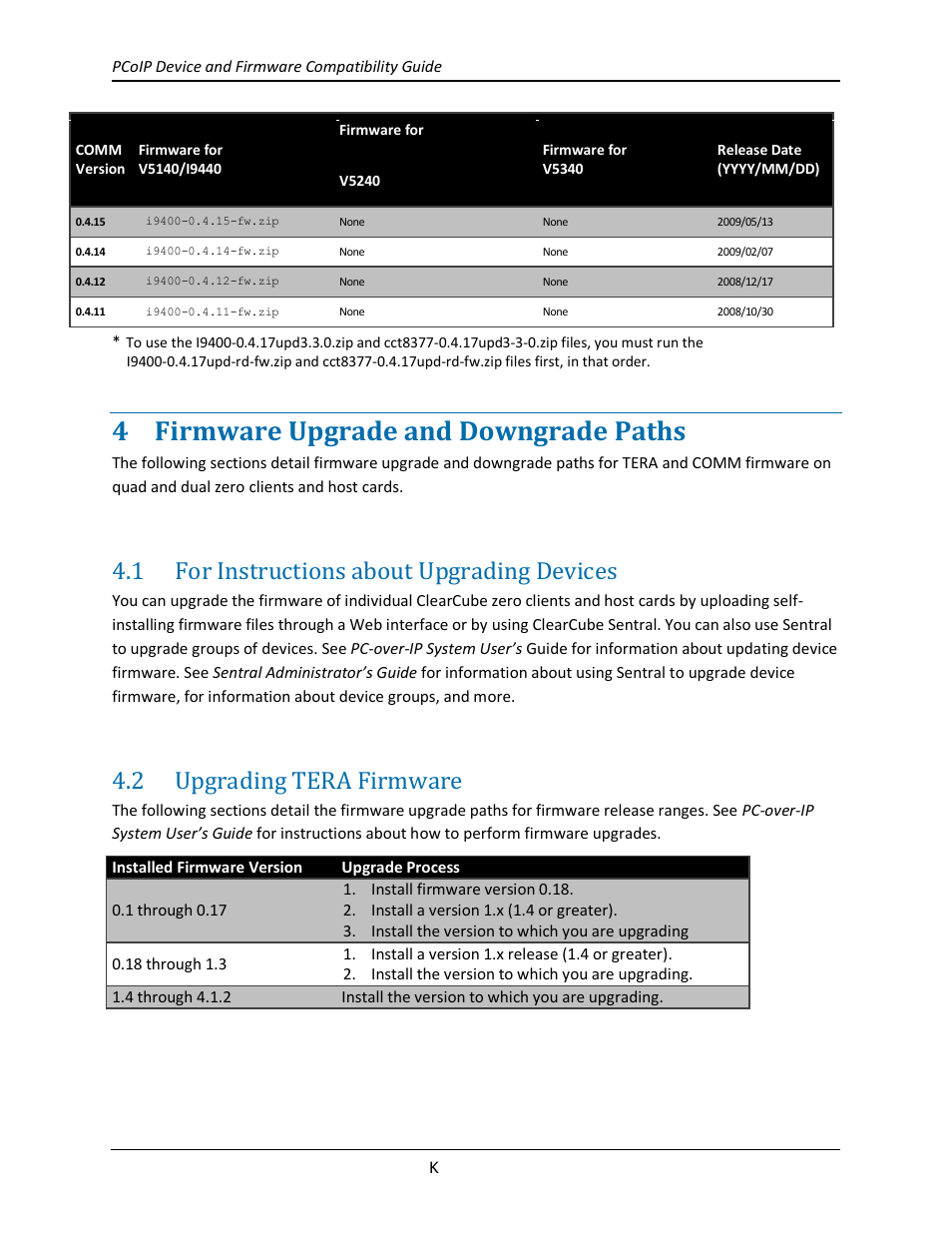 4 firmware upgrade and downgrade paths, 1 for instructions about upgrading devices, 2 upgrading tera firmware | Firmware upgrade and downgrade paths, For instructions about upgrading devices, Upgrading tera firmware | ClearCube PCoIP Device and Firmware Compatibility Guide User Manual | Page 11 / 14