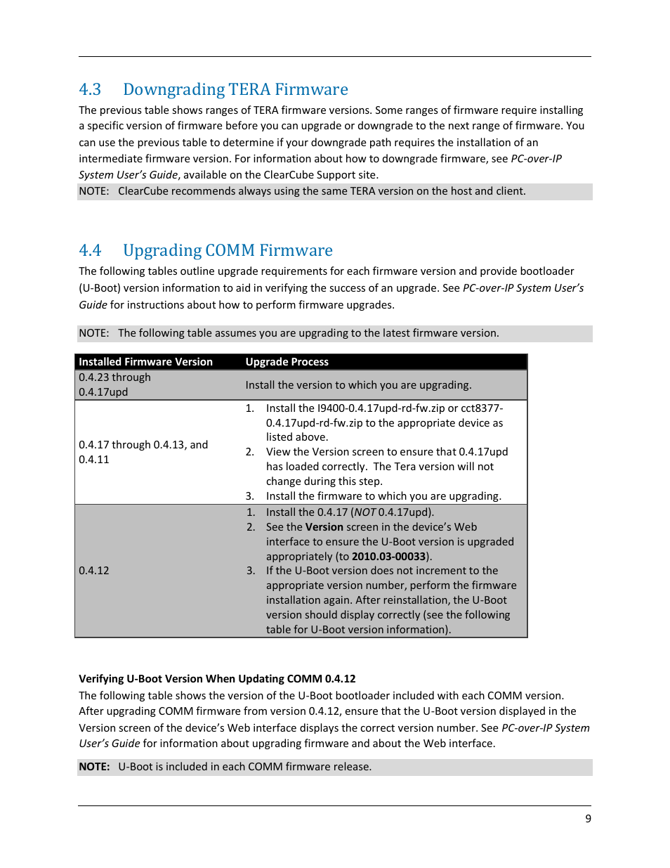 3 downgrading tera firmware, 4 upgrading comm firmware, Downgrading tera firmware | Upgrading comm firmware | ClearCube PCoIP Device and Firmware Compatibility Guide User Manual | Page 12 / 14