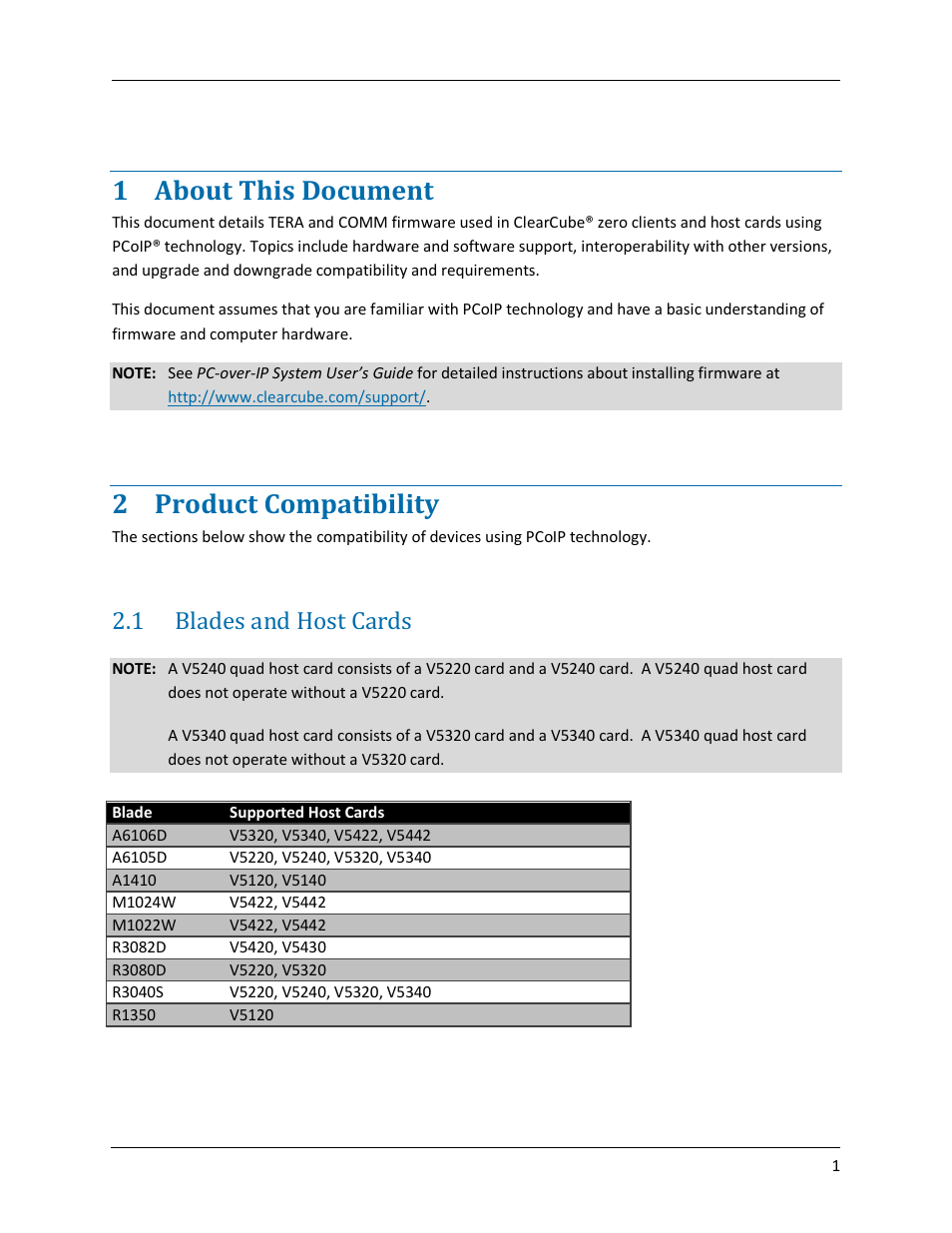 1 about this document, 2 product compatibility, 1 blades and host cards | About this document, Product compatibility, Blades and host cards | ClearCube PCoIP Device and Firmware Compatibility Guide User Manual | Page 4 / 14