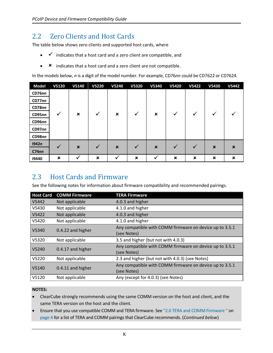 2 zero clients and host cards, 3 host cards and firmware, Zero clients and host cards | Host cards and firmware | ClearCube PCoIP Device and Firmware Compatibility Guide User Manual | Page 5 / 14